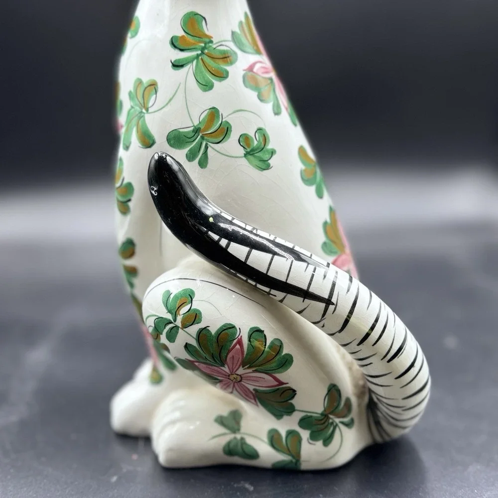 VTG Long Neck Ceramic Cat LARGE Figurine Made Italy‎ 1960s Floral W/Bow Rare 17